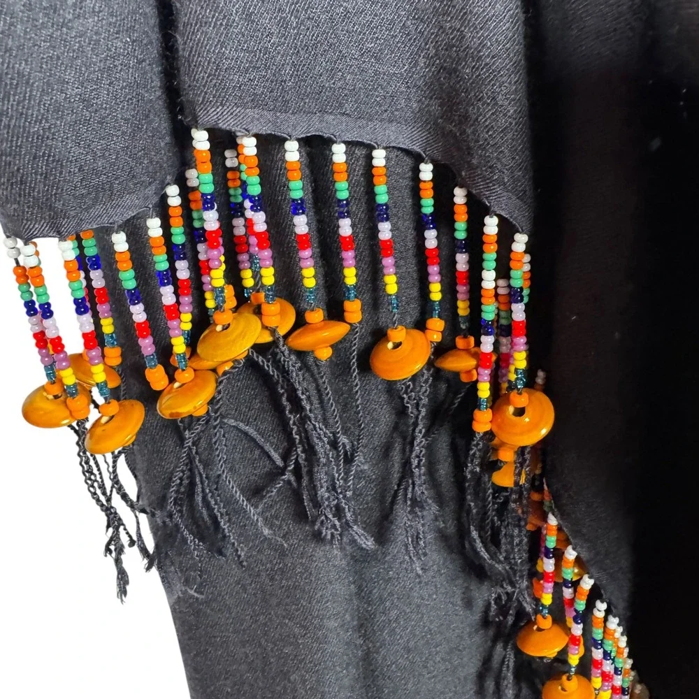 Black Scarf with Colorful Beaded Fringe Boho Bohemian Women's Shawl Wrap 78 x 36